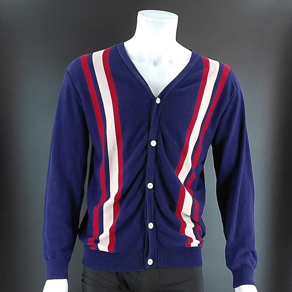 Paul Jones Mens Navy Blue Striped V-Neck Button Front Cardigan Sweater Large